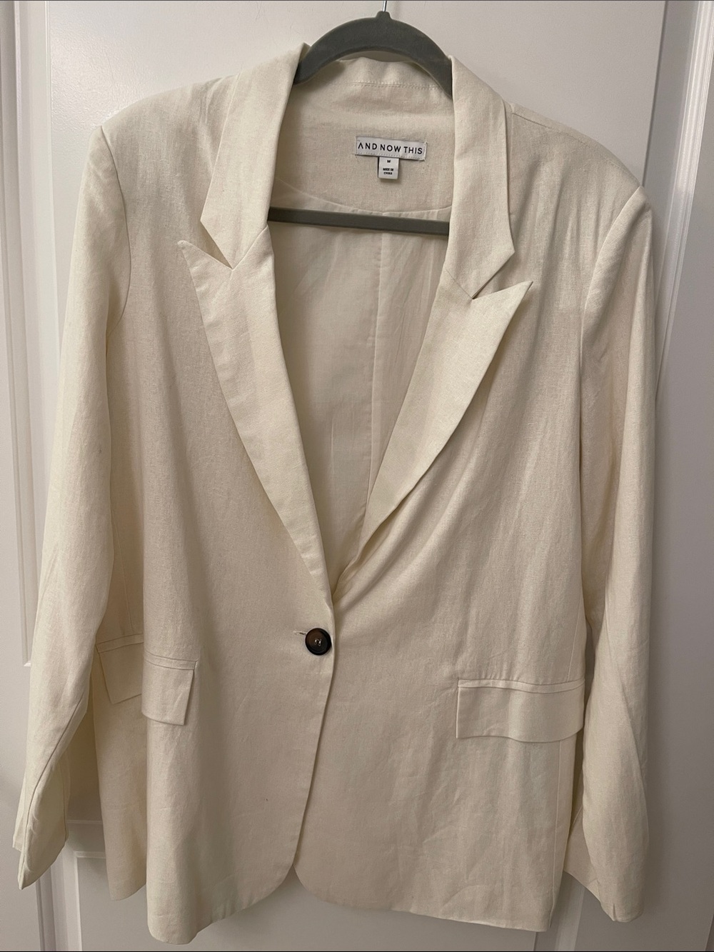 Cream Single-Button Notch Lapel Blazer Linen Blend/ oversized